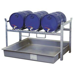 Auffangwanne aus Stahl economy-line für 1 x 1000 l IBC, lackiert, mit Auflageprofilen, 1300x1120x1050mm Auffangwannen aus Stahl Produktbild Stapelregal mit Auffangwanne aus GFK für 3 x 60 l Fässer