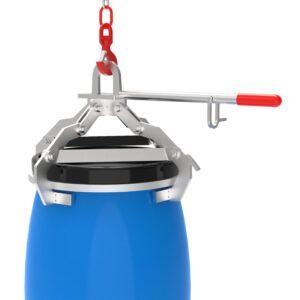 Fasswender aus Edelstahl für 200 l Fässer, Stapleranbaugerät Fasshandling-Geräte aus Edelstahl Produktbild Fass-Spannklauengreifer aus Edelstahl (V2A) für stehende 120 l Standard-Deckelfässer