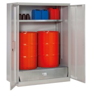 Umweltschrank aus Stahl mit Bodenauffangwanne 30 l und Regalwanne 20 l, 500 x 500 x 1000 mm Umweltschränke Produktbild FSS-1420-210-1 Fassschrank aus Stahl mit Auffangwanne 210 l mit Gitterrost, 1400 x 840 x 1950 mm (2)