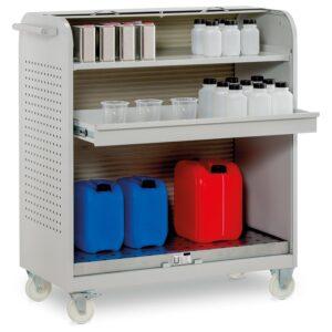 Mobiles Gefahrstoffdepot, 1 Fachboden, 1 Auszugswanne, 1 Bodenwanne 33 l, RAL 7035, mit Rolltor