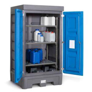 Auffangwanne aus Kunststoff (PE) für 4 Fässer, Auffangvolumen 250 l, mit PE-Rost Auffangwannen aus Kunststoff Produktbild Gefahrstoffdepot aus Polyethylen (PE), Auffangvolumen 245 l, mit Lagerregal für Kleingebinde aus PE