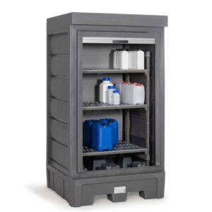 Fasskipper für 200 l Fässer mit Stahlwanne und Hebelstange Fasskipper Produktbild Gefahrstoffdepot aus Polyethylen (PE), Auffangvolumen 245 l, Rolladen, Lagerregal aus Kunststoff