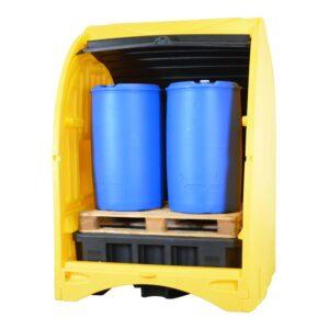 Gefahrstoffstation aus Polyethylen (PE), für 4 x 200 l Fässer, Auffangvolumen 450 l, Rolladen