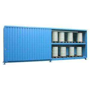 Gefahrstoff-Regalcontainer zur stehenden Fasslagerung im Freien, für 48 x 200 l Fässer, 8100x1530x3080mm