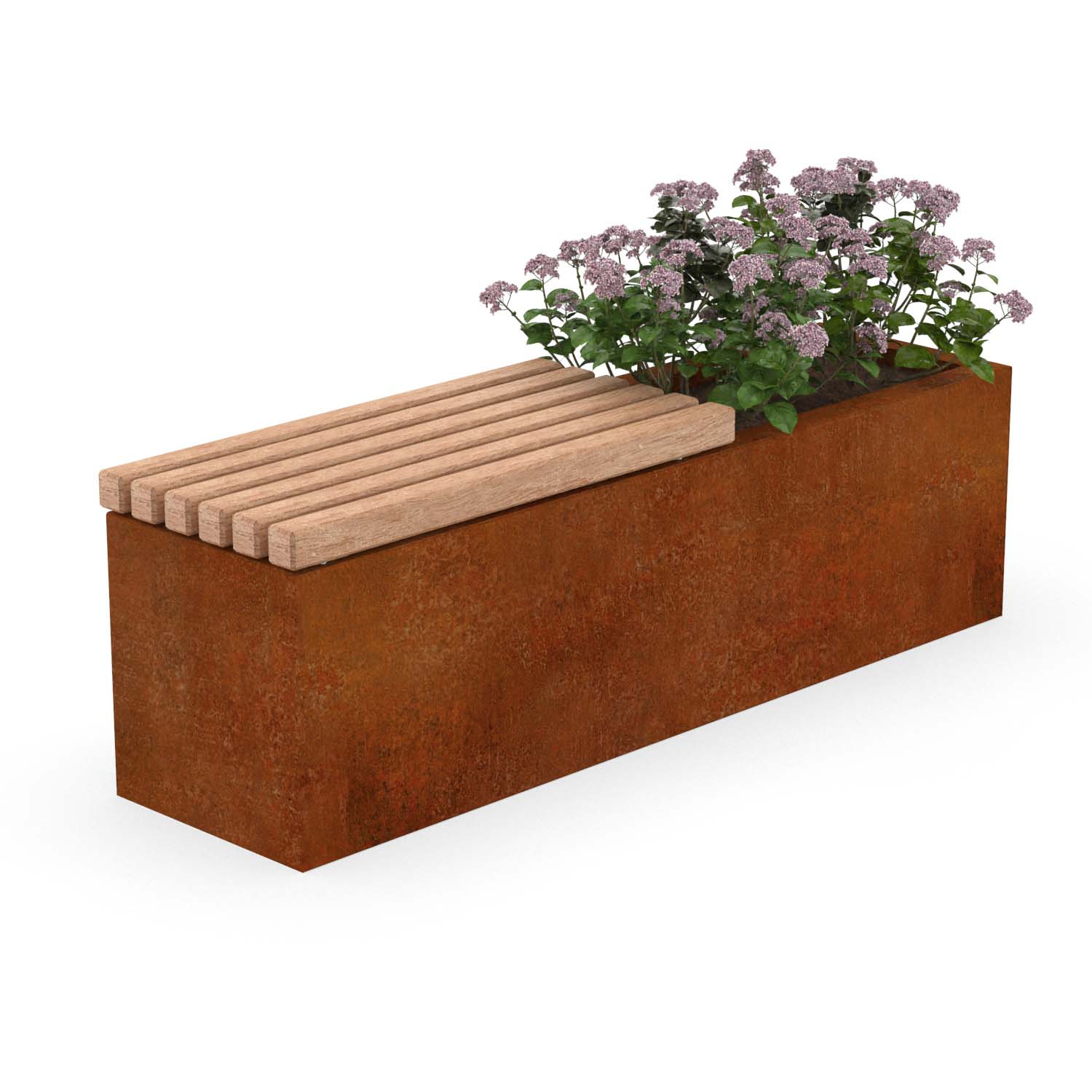 Sitzbank FlameShelter, Gestell aus Cortenstahl, Sitzfläche aus Holz, mit Blumeneinsatz