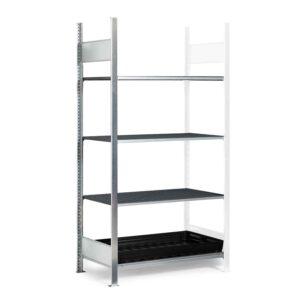 Fassauflage, voll ausziehbar, teleskopierbar Ausziehbare Fassauflagen Produktbild Kleingebinderegal, Anbaueinheit mit 3 PE-Lagerebenen mit Auffangwanne aus PE