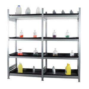 Kleingebinderegal, Grundeinheit und Anbaueinheit mit 4 Regalwannen aus Polyethylen (PE), Feldweite 1000 mm