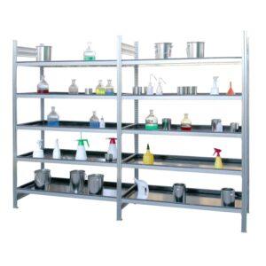 Kleingebinderegal, Grundeinheit mit 4 Regalwannen aus Polyethylen (PE), Feldweite 1300 mm