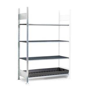 Auffangwanne aus Stahl economy-line für 1 x 1000 l IBC, lackiert, mit Auflageprofilen, 1300x1120x1050mm Auffangwannen aus Stahl Produktbild Kleingebinderegal, Anbaueinheit mit 3 PE-Lagerebenen mit Auffangwanne aus PE