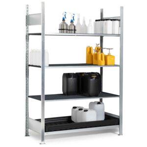 Fassgreifer FRB zum Einlagern von 200 l Fässern in Fassregale, Stapleranbaugerät Fassgreifer Produktbild Kleingebinderegal, Grundeinheit mit 3 PE-Lagerebenen mit Auffangwanne aus PE