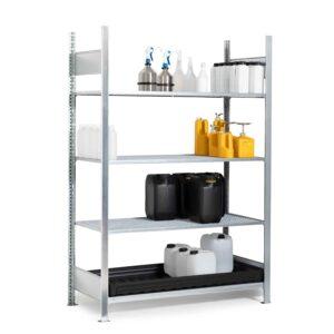 Auffangwanne aus Stahl economy-line für 1 x 1000 l IBC, lackiert, mit Auflageprofilen, 1300x1120x1050mm Auffangwannen aus Stahl Produktbild Kleingebinderegal, Grundeinheit mit 3 Gitterrostebenen mit Auffangwanne aus PE, Auffangvolumen 40 l