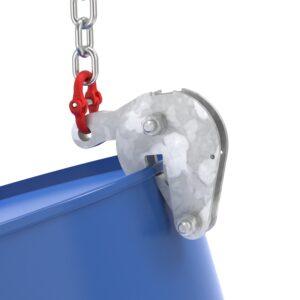 Fassheber für 200 l Fass mit Überfahrwerk 180 mm, Hub 550 mm, Verriegelungsautomatik, Traglast 300 kg Fassheber Produktbild Fassklemme, verzinkt, mit Schäkel und Kettengehänge