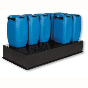 Auffangwanne aus Kunststoff (PE-HD) mit Stellebene, Auffangvolumen 225 l, für 12 x 30 l, 10 x 60 l oder 3 x 200 l Fässer