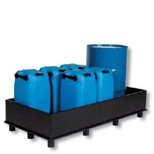 Auffangwanne aus Stahl für 3 x 200 l Fässer, ohne Gitterrost, unterfahrbar, lackiert, 2010x800x280mm Auffangwannen aus Stahl Produktbild Auffangwanne aus Kunststoff (PE-HD) mit Füßen, Auffangvolumen 225 l, für 12 x 30 l, 10 x 60 l oder 3 x 200 l Fässer