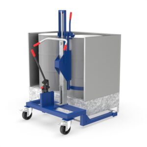 Abfüllstation aus Stahl für 2 x 200 l Fässer, mit Gitterrost, unterfahrbar, 1300x1300x660mm 2-Fass-Lagerung Produktbild Fassheber für 200 l Fass, Einfahrwerk, Hub 550 mm, Tragkraft 300 kg