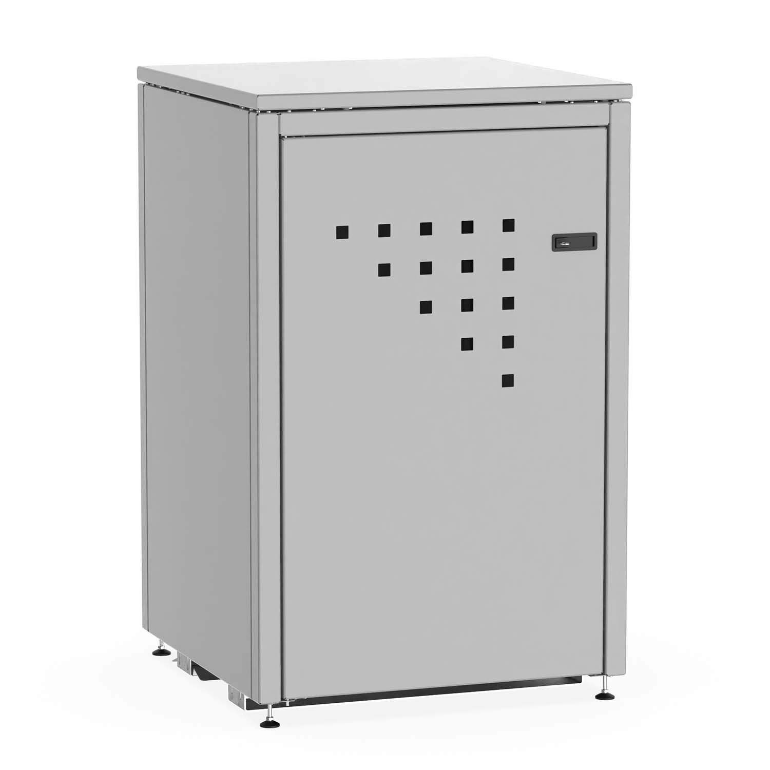 Mülltonnenbox für 1 Mülltonne, Flügeltür, aus Stahl, farbbeschichtet, abschließbar, mit Gelenkfüßen