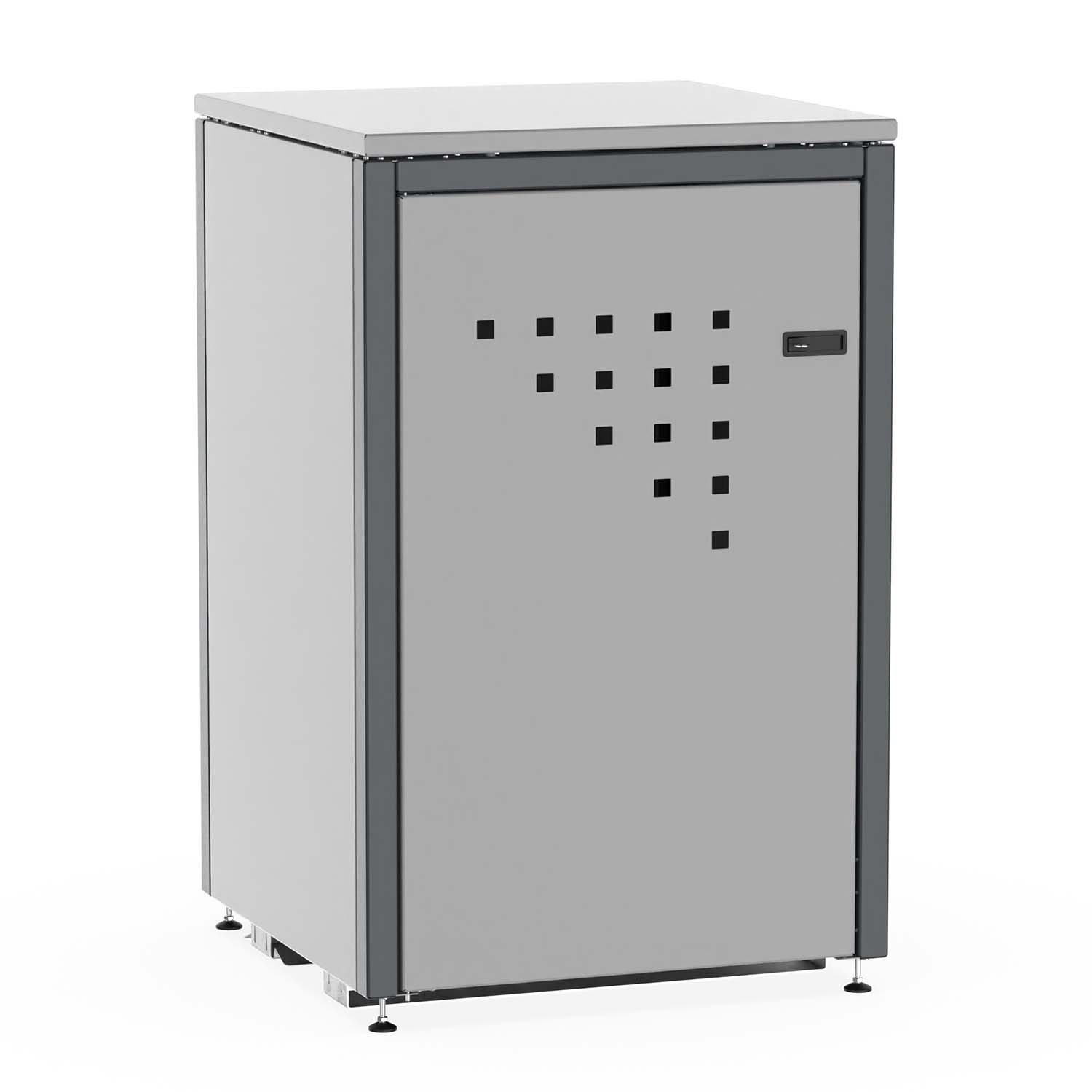 Mülltonnenbox für 1 Mülltonne, Flügeltür, aus Stahl, farbbeschichtet, abschließbar, mit Gelenkfüßen