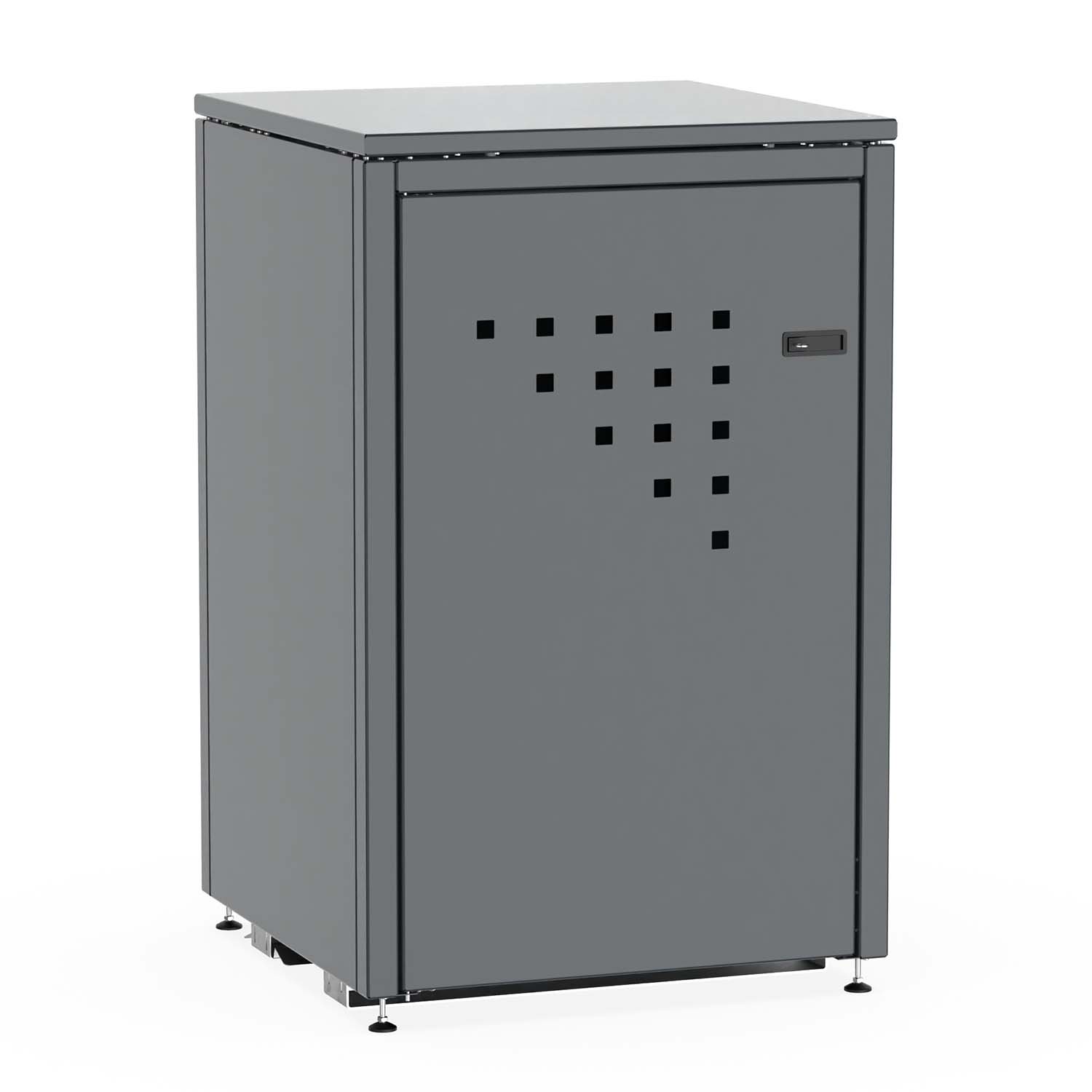 Mülltonnenbox für 1 Mülltonne, Flügeltür, aus Stahl, farbbeschichtet, abschließbar, mit Gelenkfüßen