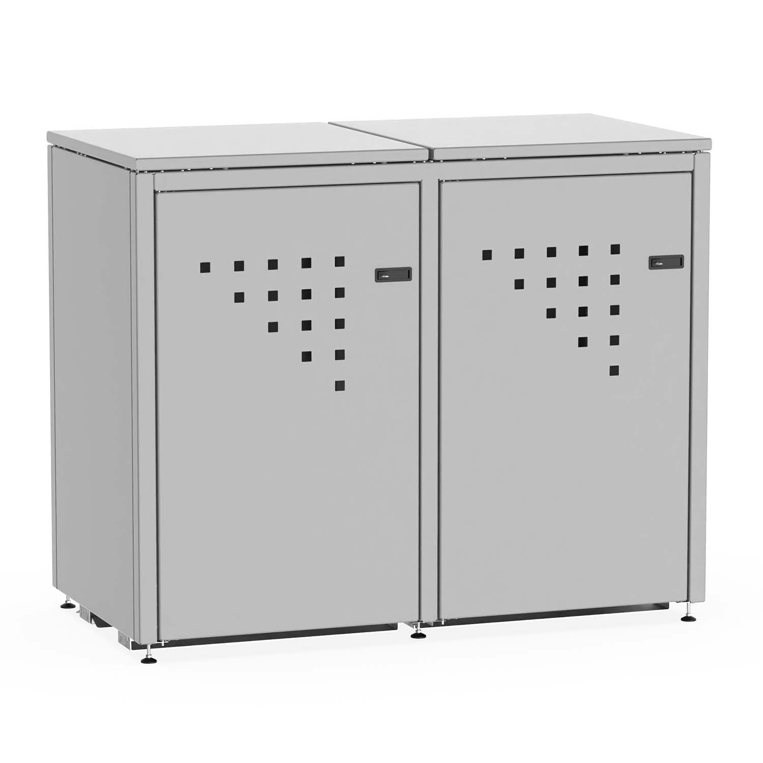 Mülltonnenbox für 2 Mülltonnen, Flügeltüren, aus Stahl, farbbeschichtet, abschließbar, mit Gelenkfüßen