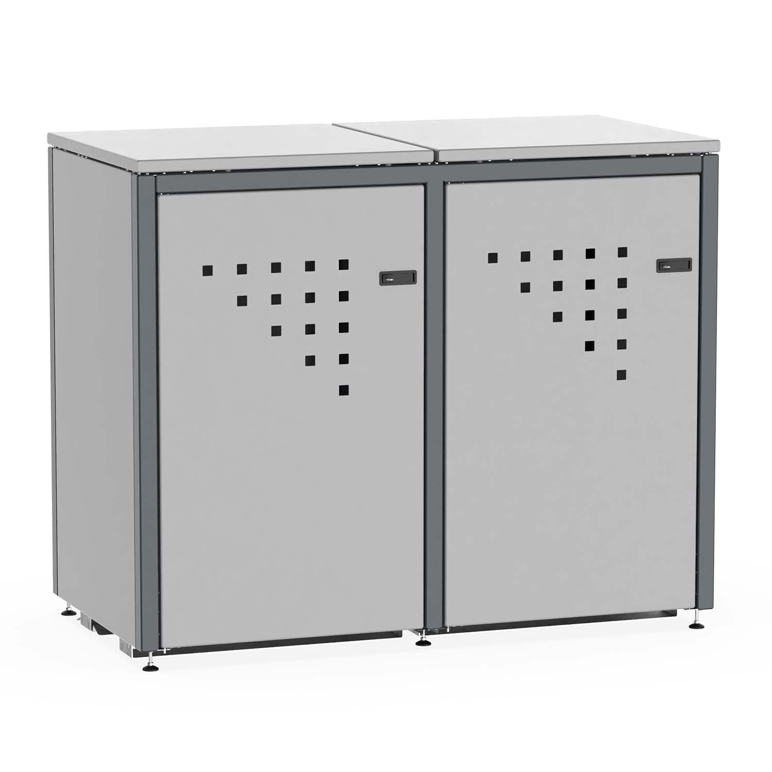 Mülltonnenbox für 2 Mülltonnen, Flügeltüren, aus Stahl, farbbeschichtet, abschließbar, mit Gelenkfüßen