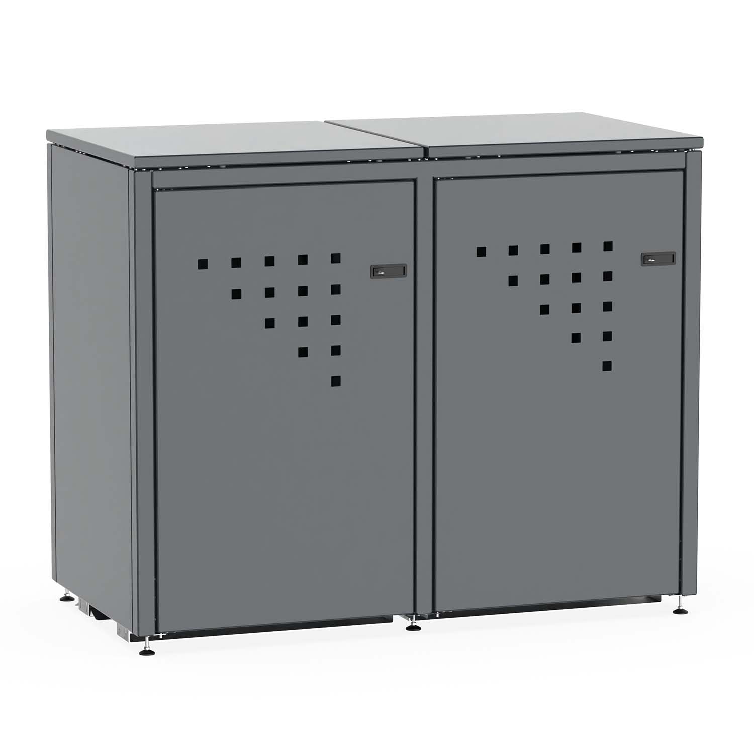 Mülltonnenbox für 2 Mülltonnen, Flügeltüren, aus Stahl, farbbeschichtet, abschließbar, mit Gelenkfüßen