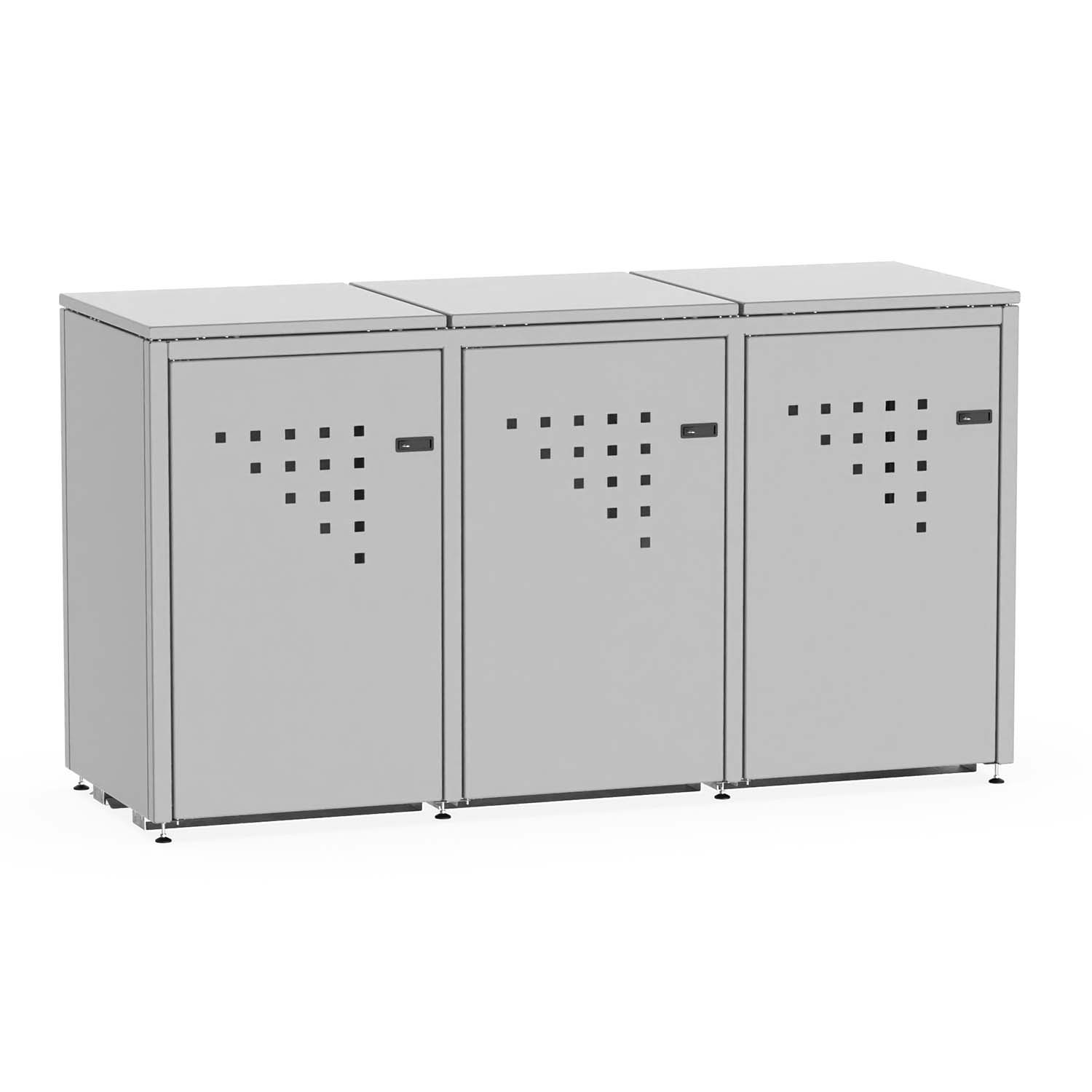 Mülltonnenbox für 3 Mülltonnen, Flügeltüren, aus Stahl, farbbeschichtet, abschließbar, mit Gelenkfüßen