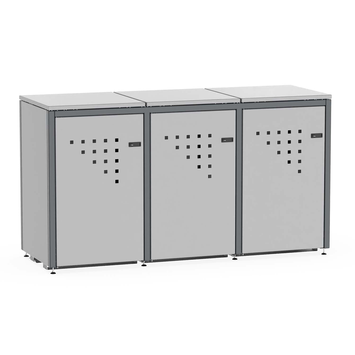 Mülltonnenbox für 3 Mülltonnen, Flügeltüren, aus Stahl, farbbeschichtet, abschließbar, mit Gelenkfüßen