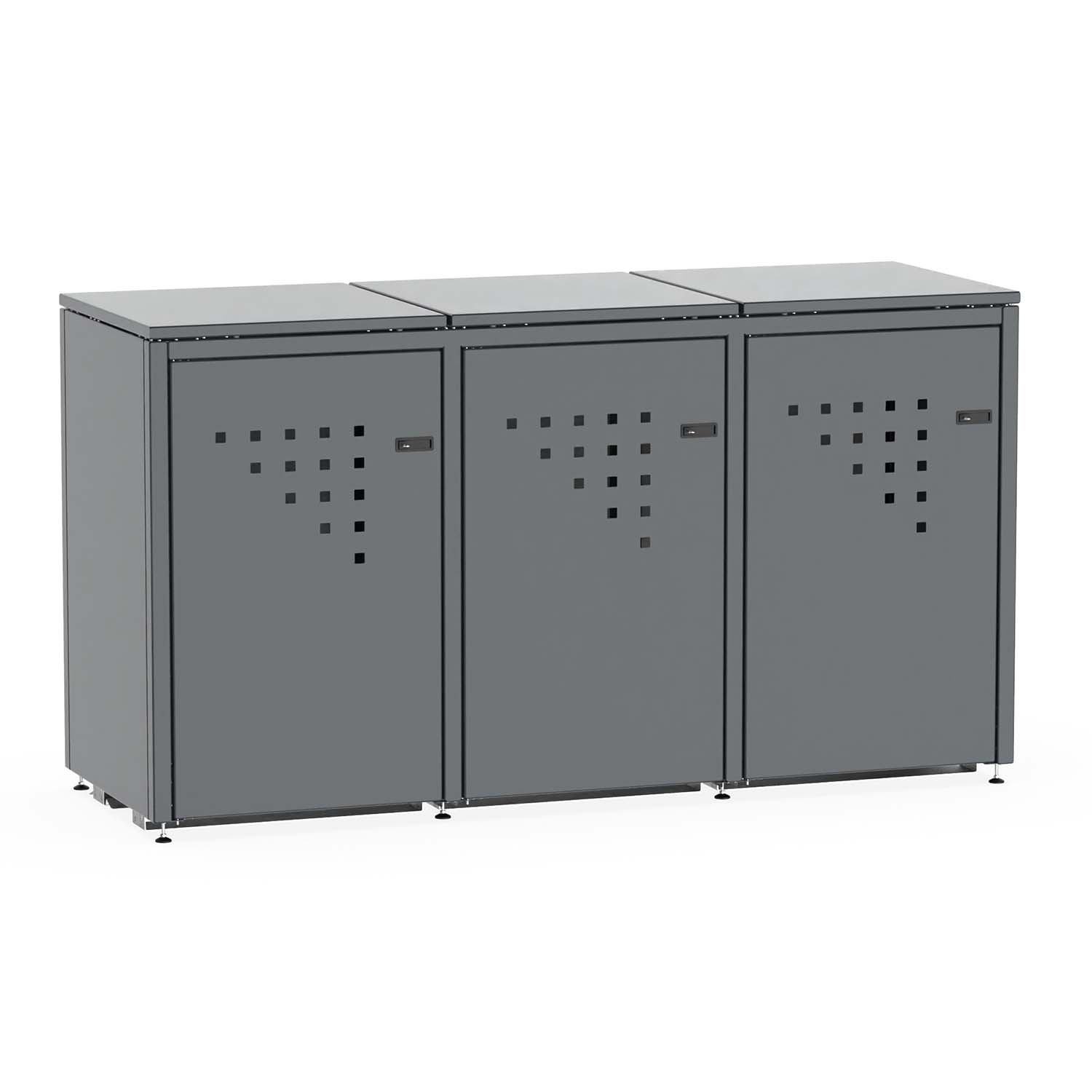 Mülltonnenbox für 3 Mülltonnen, Flügeltüren, aus Stahl, farbbeschichtet, abschließbar, mit Gelenkfüßen