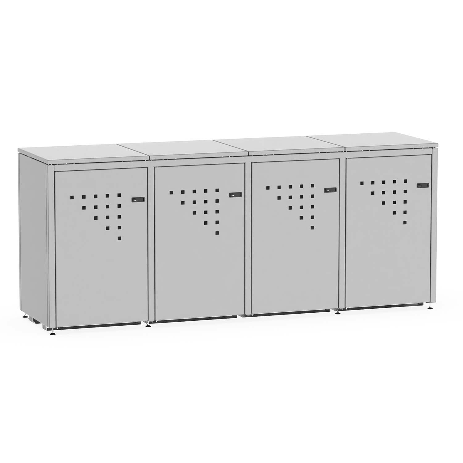 Mülltonnenbox für 4 Mülltonnen, Flügeltüren, aus Stahl, farbbeschichtet, abschließbar, mit Gelenkfüßen