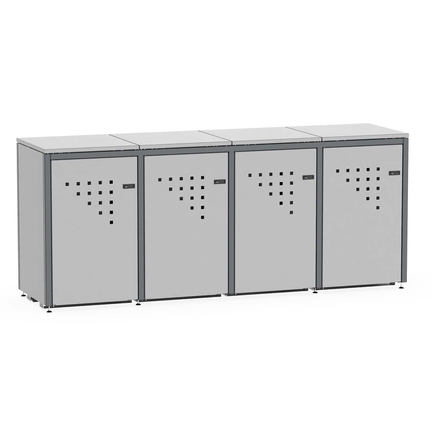 Mülltonnenbox für 4 Mülltonnen, Flügeltüren, aus Stahl, farbbeschichtet, abschließbar, mit Gelenkfüßen