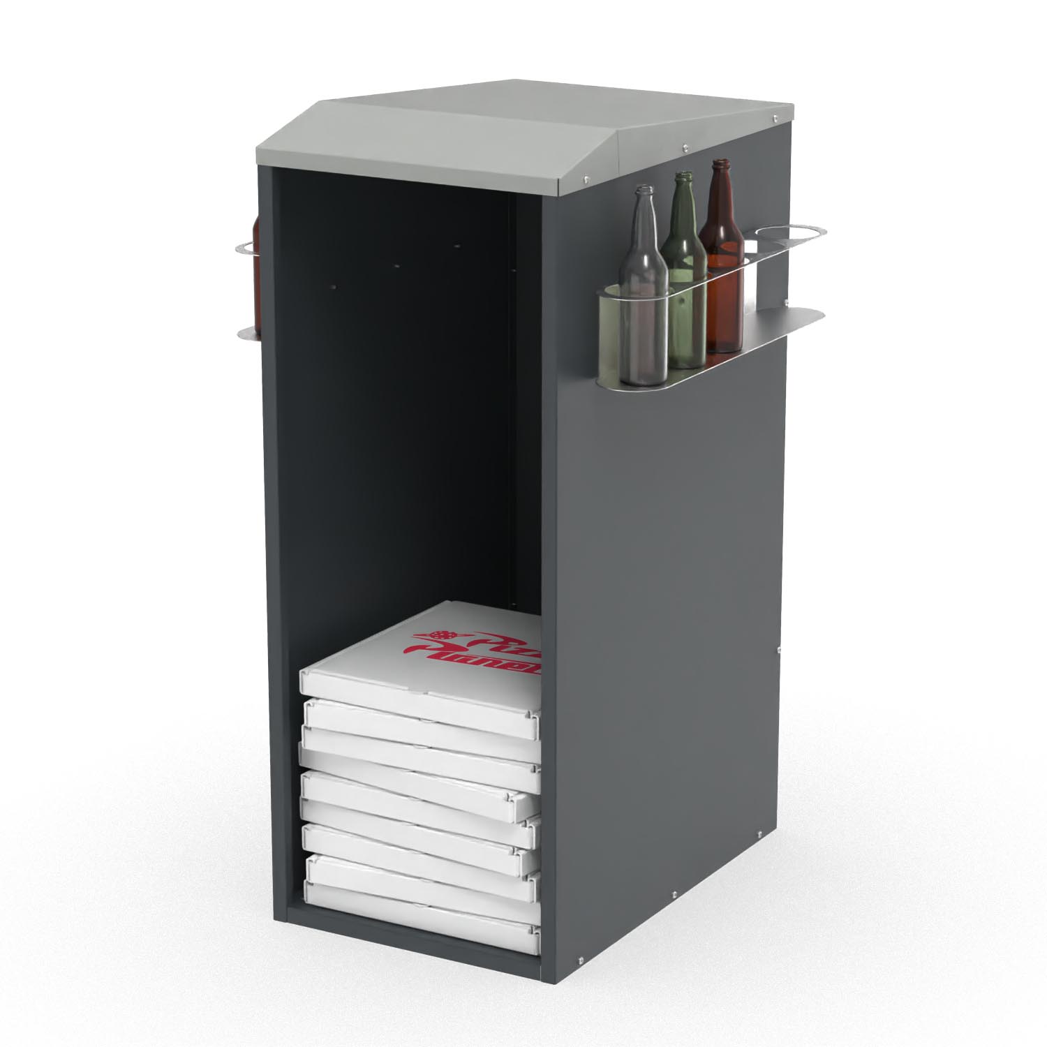 Pizzakartonsammler aus Stahl mit Pfandflaschen-Ablage, 607x625x1039mm