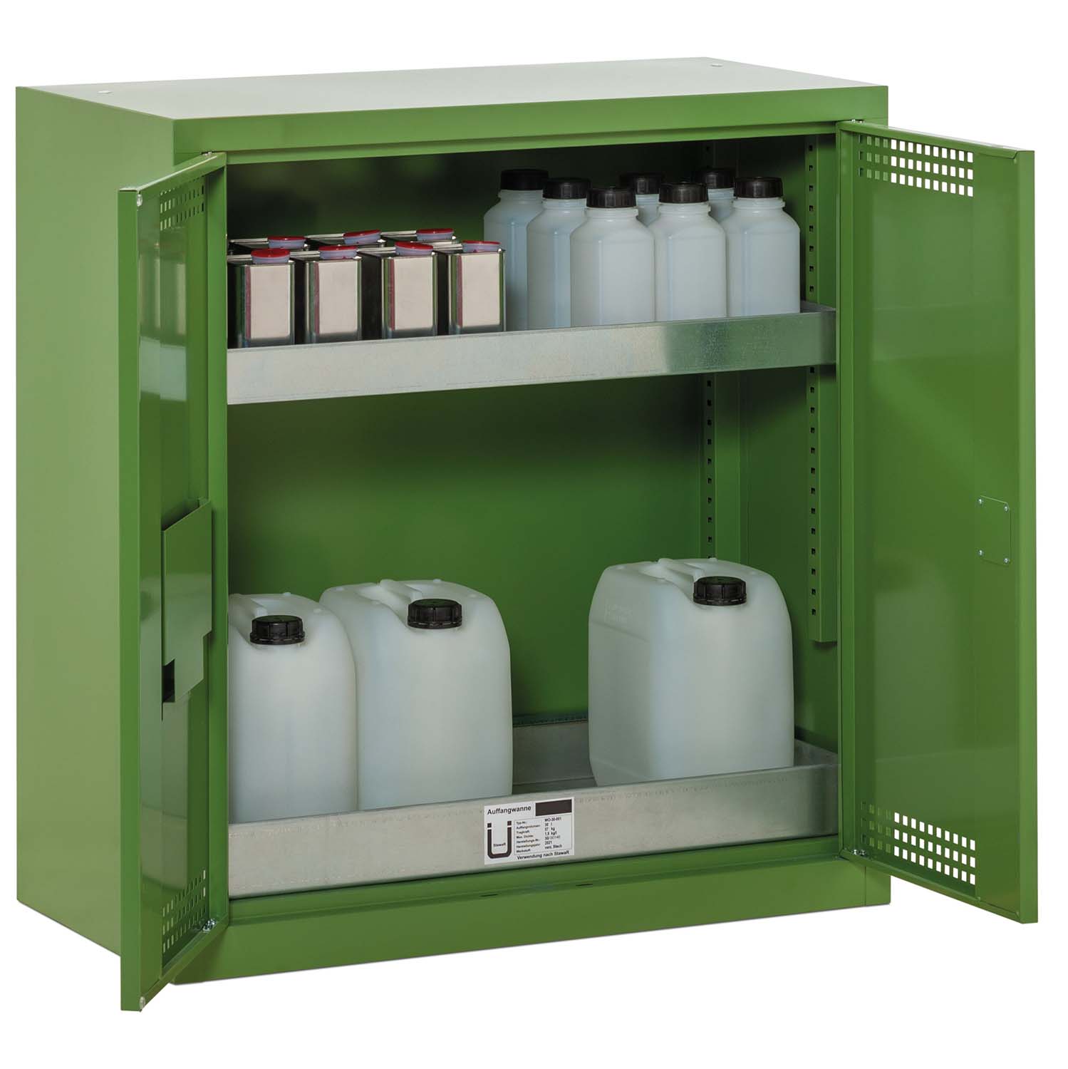 Pflanzenschutzmittel-Schrank mit Auffangwanne aus Stahl 30 l mit Lochblech, Regalwanne 20 l, 950 x 500 x 1000 mm