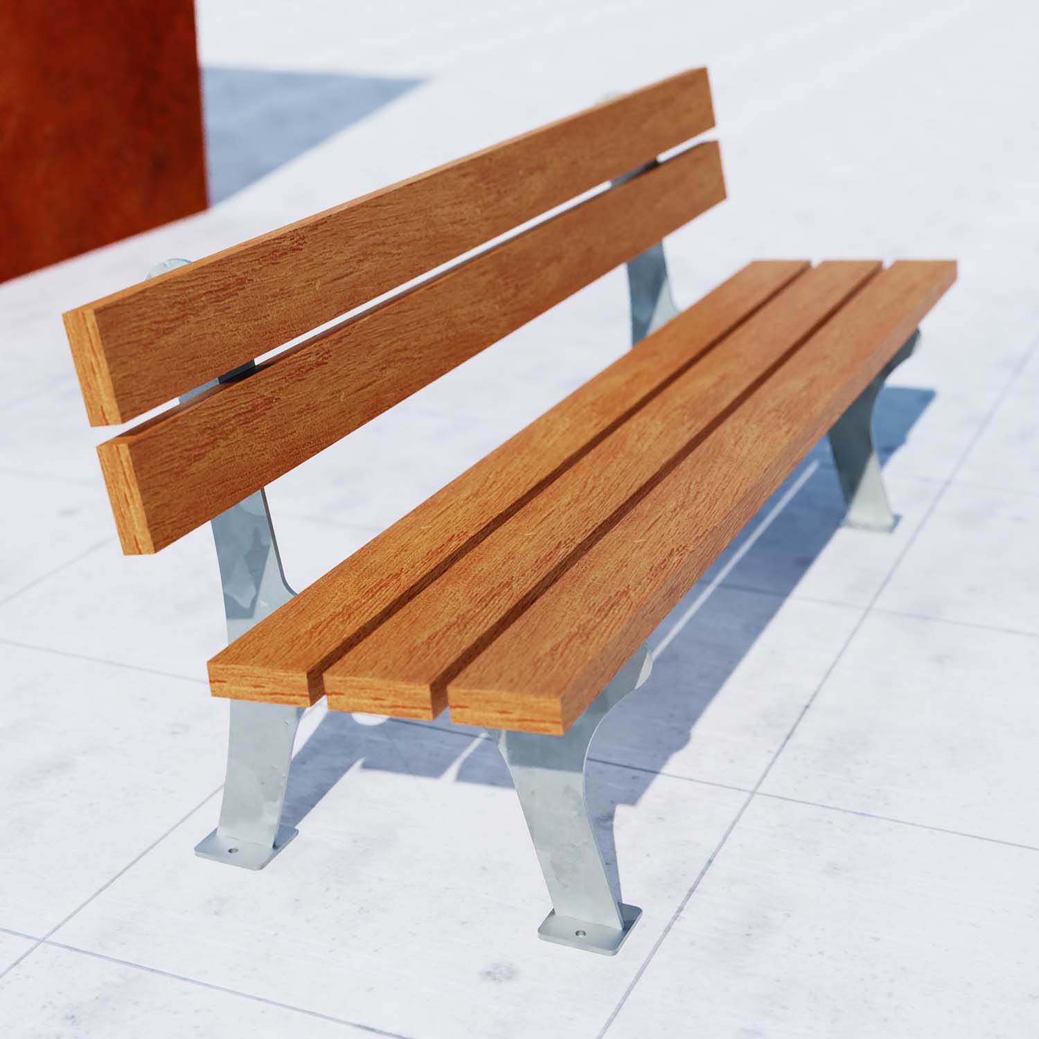 Parkbank mit Gestell aus verzinktem Stahl, Sitzfläche und Rückenlehne aus Fichtenholz