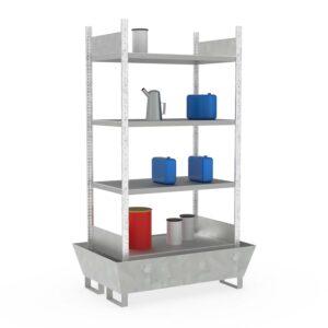 Kleingebinderegal, Grundeinheit, 4 x Fachboden, Auffangwanne aus Stahl, verzinkt, 205 l