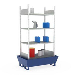 Kleingebinderegal, Grundeinheit, 4 x Gitterrostebene, Auffangwanne aus Stahl, lackiert, 205 l