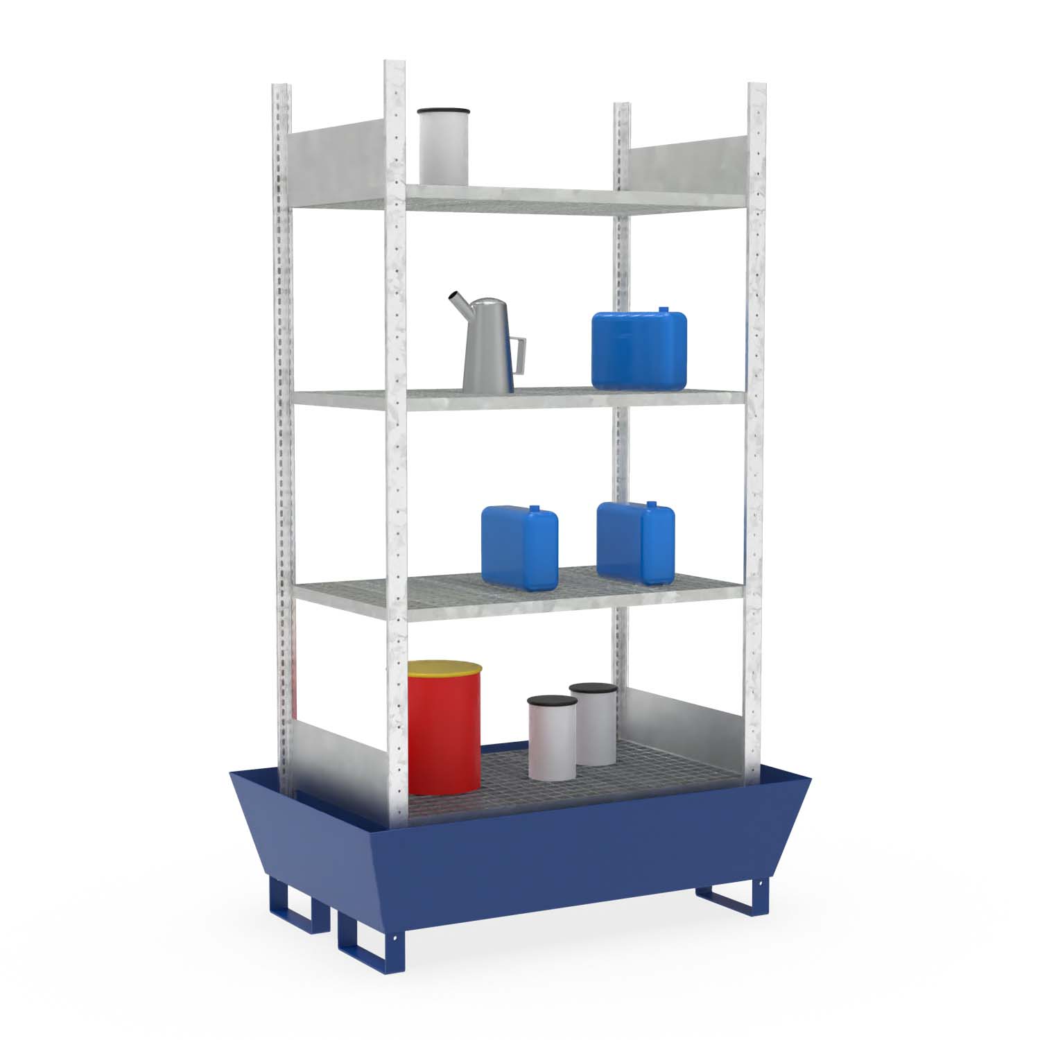 Kleingebinderegal, Grundeinheit, 4 x Gitterrostebene, Auffangwanne aus Stahl, lackiert, 205 l