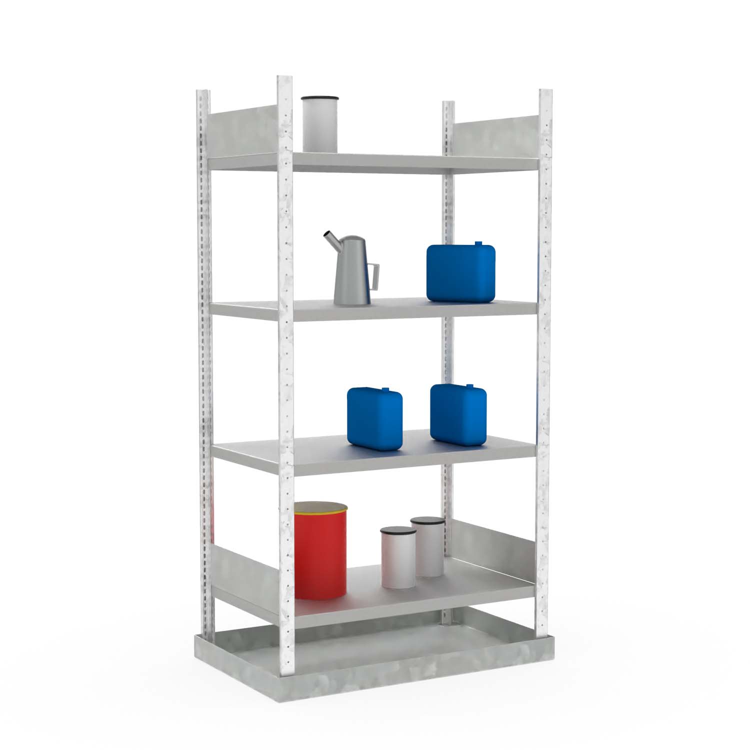 Kleingebinderegal, Grundeinheit, 4 x Fachboden, Bodenwanne aus Stahl, verzinkt, 43 l