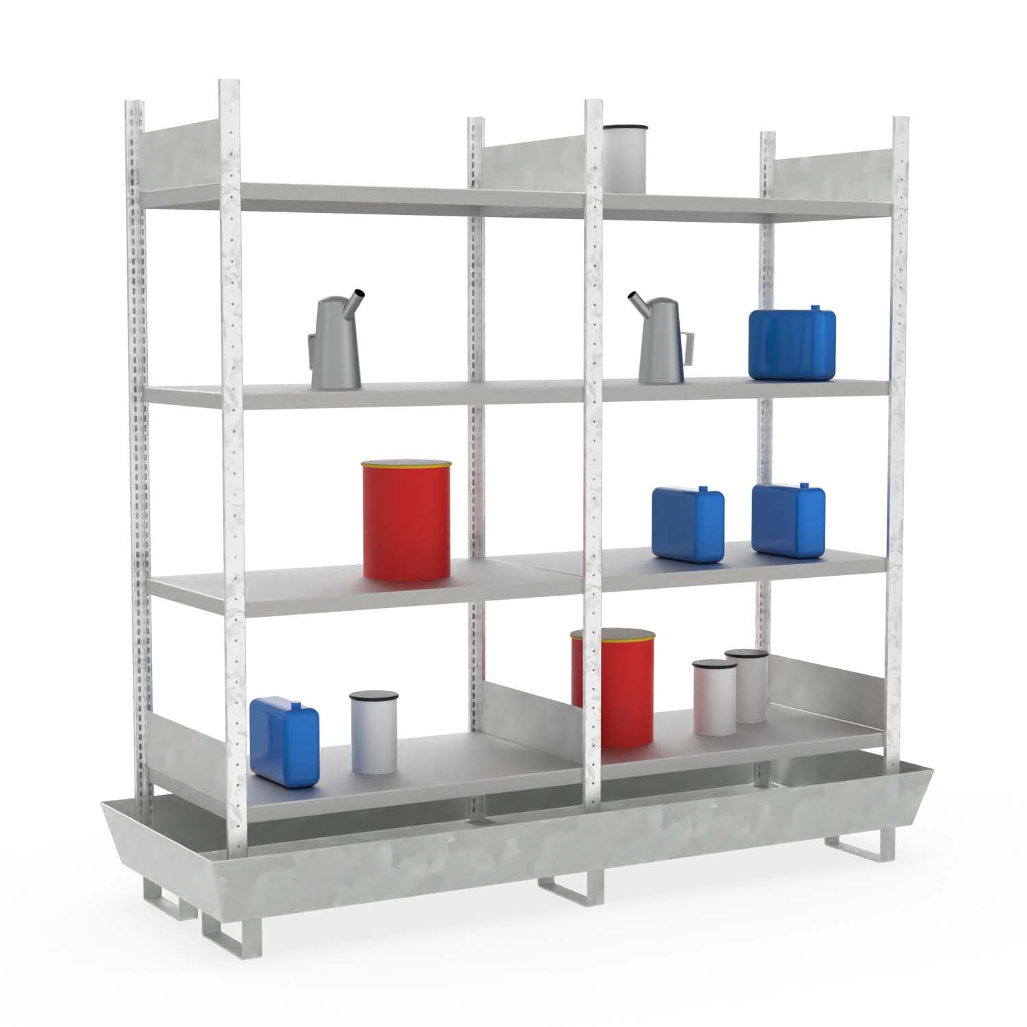 Kleingebinderegal, Grund- und Anbaueinheit, 2 x 4 Fachböden, Auffangwanne aus Stahl, verzinkt, 202 l