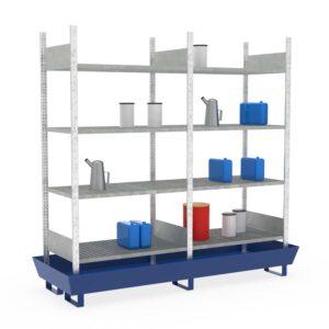 Kleingebinderegal, Grund- und Anbaueinheit, 2 x 4 Gitterrostebenen, Auffangwanne aus Stahl, lackiert, 202 l