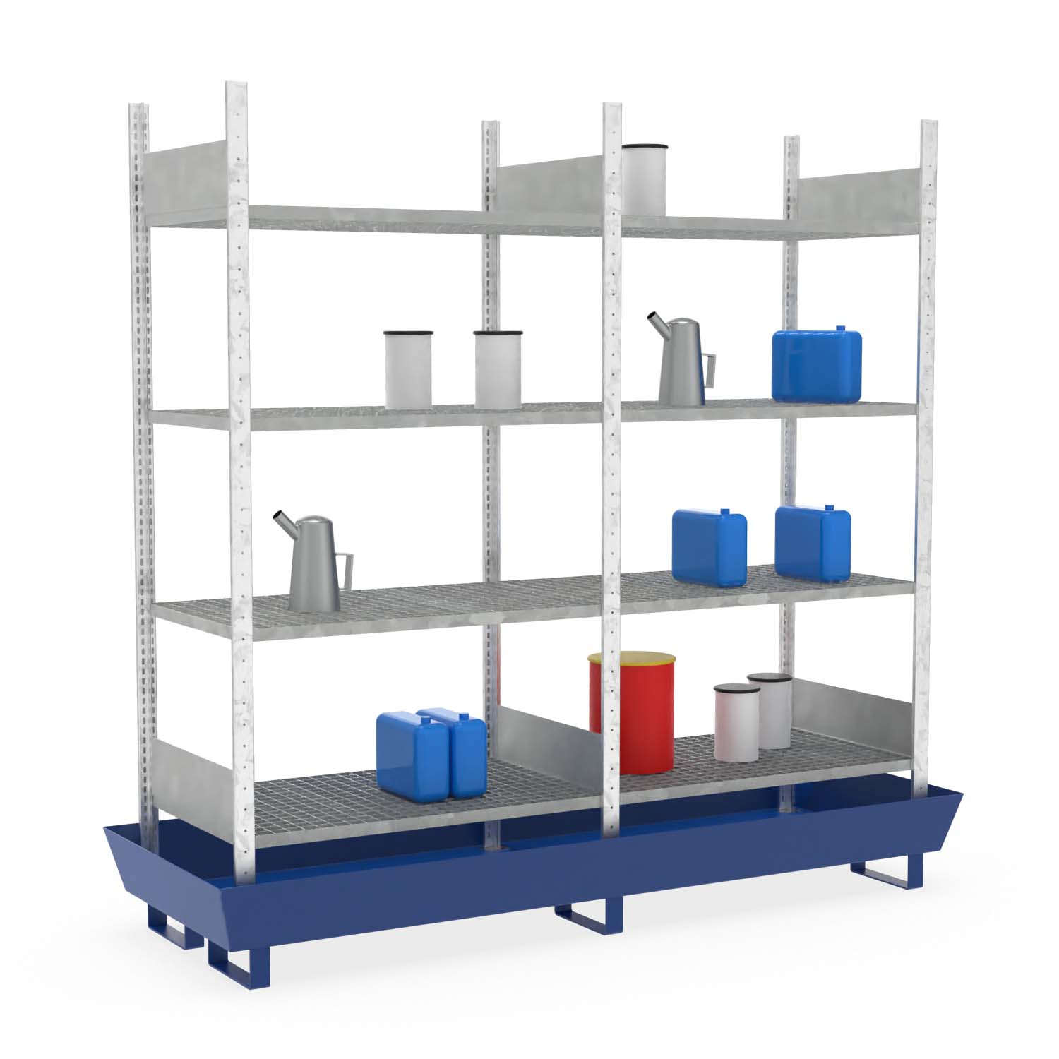 Kleingebinderegal, Grund- und Anbaueinheit, 2 x 4 Gitterrostebenen, Auffangwanne aus Stahl, lackiert, 202 l