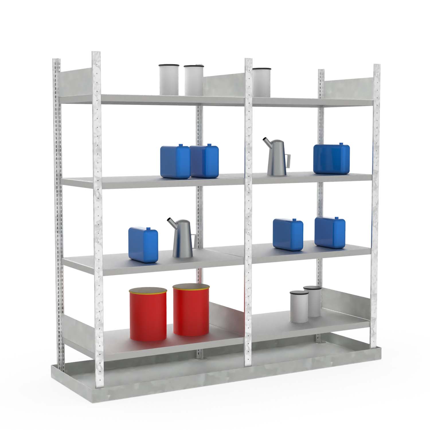 Kleingebinderegal, Grund- und Anbaueinheit, 2 x 4 Fachböden, Bodenwanne aus Stahl, verzinkt, 82 l