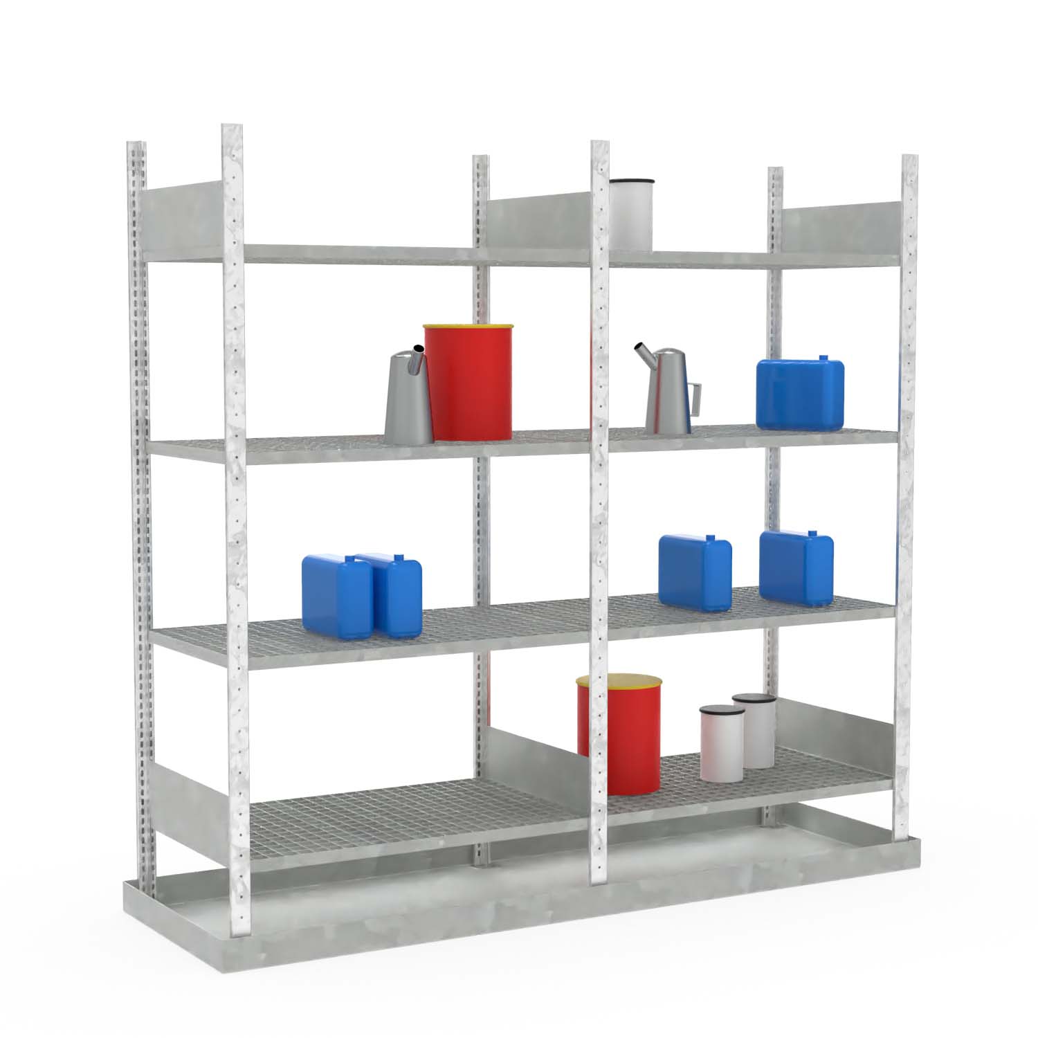 Kleingebinderegal, Grund- und Anbaueinheit, 2 x 4 Gitterrostebenen, Bodenwanne aus Stahl, verzinkt, 82 l