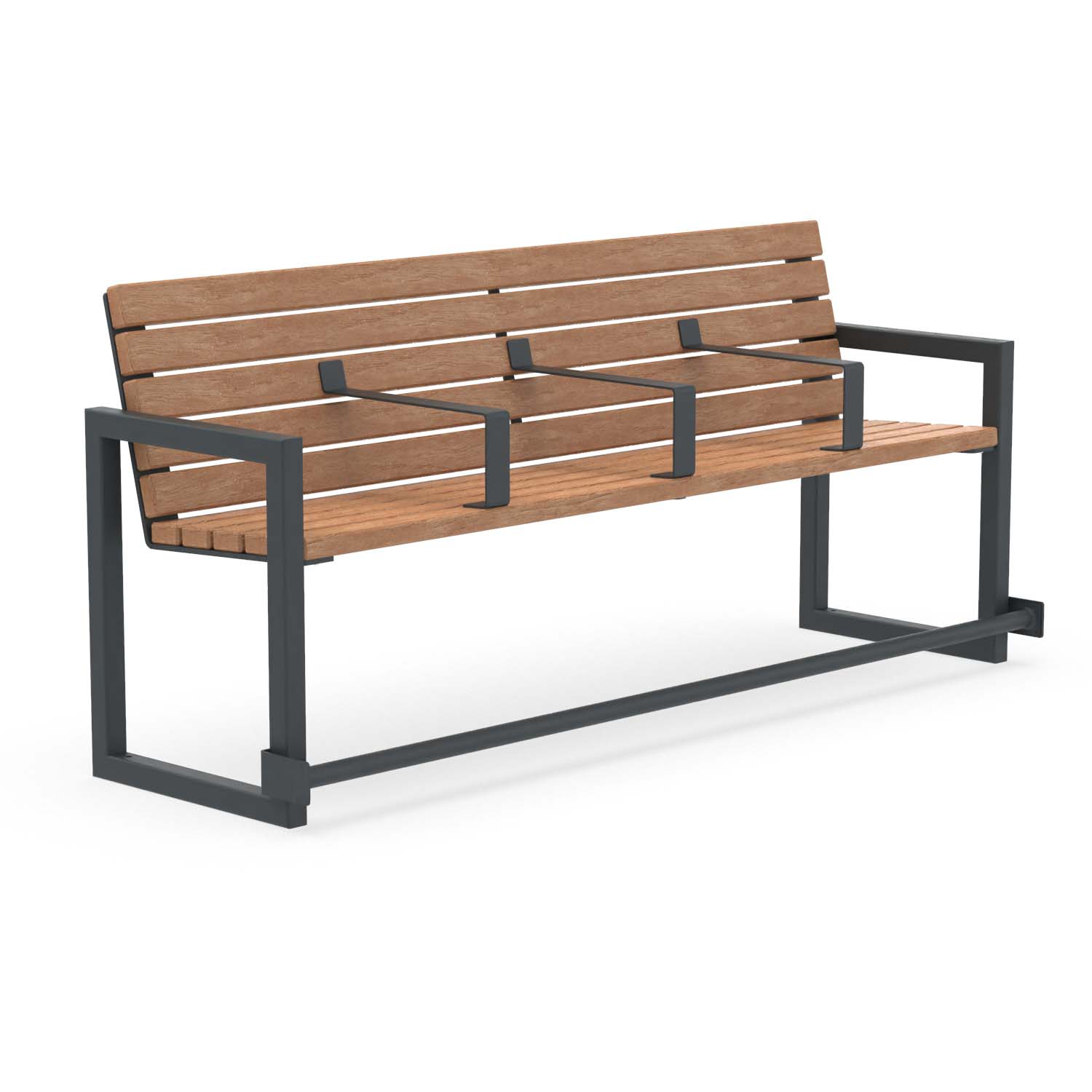 Seniorenbank CUBIC, Vierkantrohr, Holz, verzinkt und farbbeschichtet, 4-Sitzer, mit Armlehnen für jeden Sitzplatz und Fußauflage