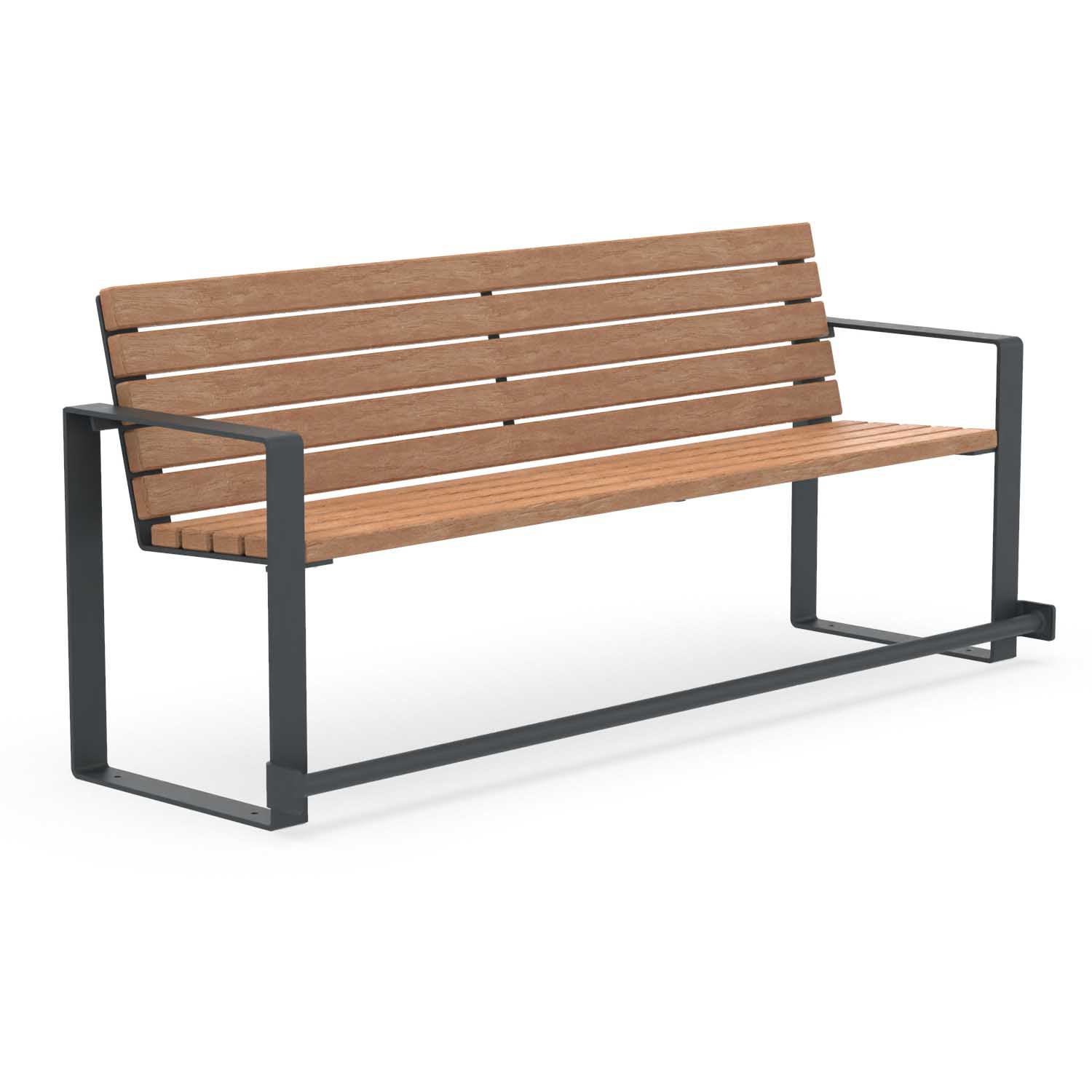 Seniorenbank CUBIC, Flachstahl, Holz, verzinkt und farbbeschichtet, 4-Sitzer, mit Armlehnen und Fußauflage