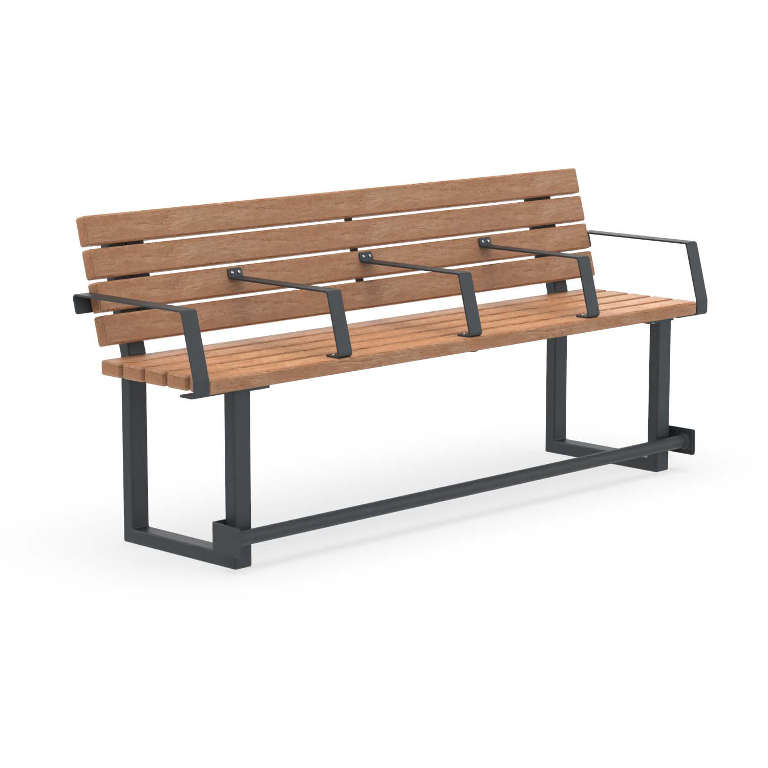 Seniorenbank FLEXI, aus Stahl und Holz, verzinkt und farbbeschichtet, 4-Sitzer, mit Armlehnen für jeden Sitzplatz und Fußauflage