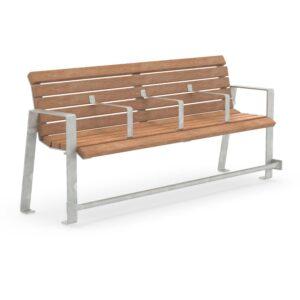 Seniorenbank SPINA, Flachstahl und Holz, verzinkt, 4-Sitzer, mit Armlehnen für jeden Sitzplatz und Fußauflage