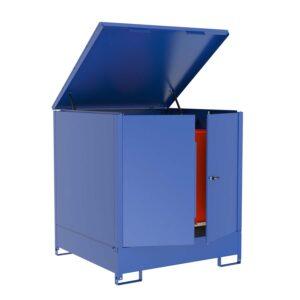 Gefahrstoffdepot Schrankcontainer SC/4 aus Stahl für 4 x 200 l Fässer, Auffangvolumen 390 l, aufklappbarer Deckel