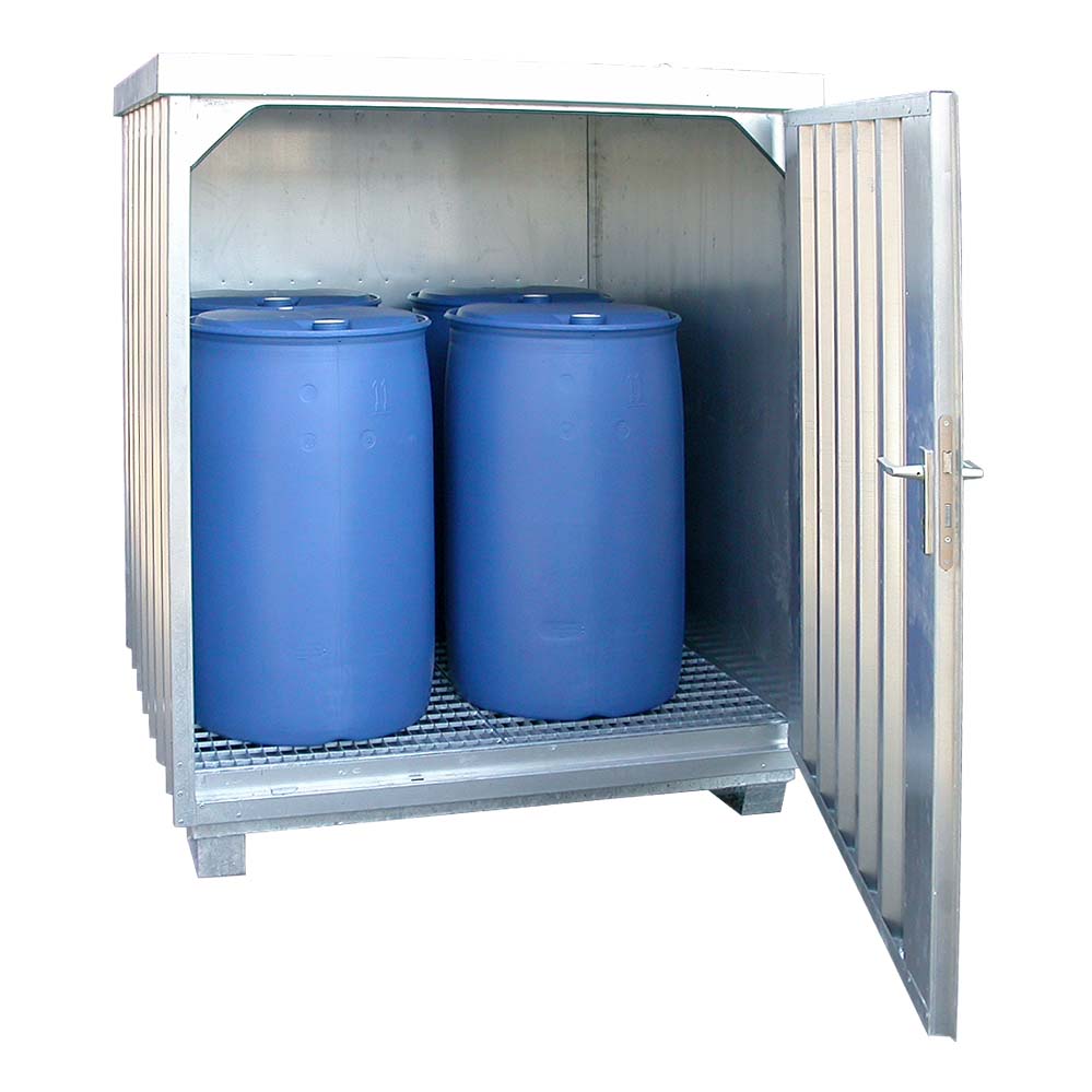 Sicherheitslagerhaus für 2 x 200 l Fässer, verzinkter Stahl, Auffangvolumen 220 l, 1700x1300x2015mm
