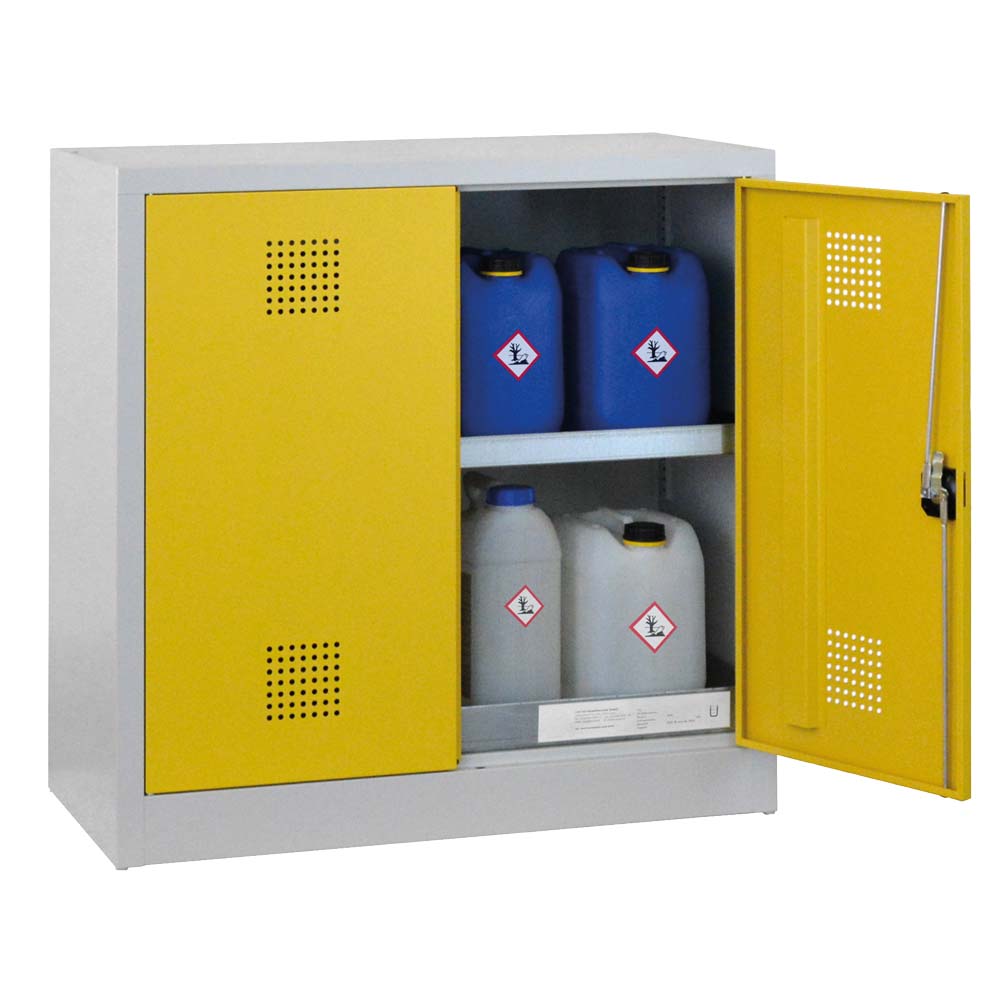 Umweltschrank aus Stahl mit Bodenauffangwanne à 30 l und 3 Wannenböden à 20 l, 1000 x 500 x 1000 mm