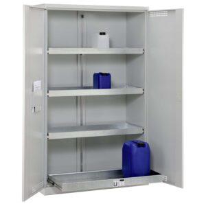 Umweltschrank aus Stahl mit Bodenauffangwanne 39 l und 3 x Regalwanne à 20 l als Vollauszug, 1200 x 500 x 1950 mm